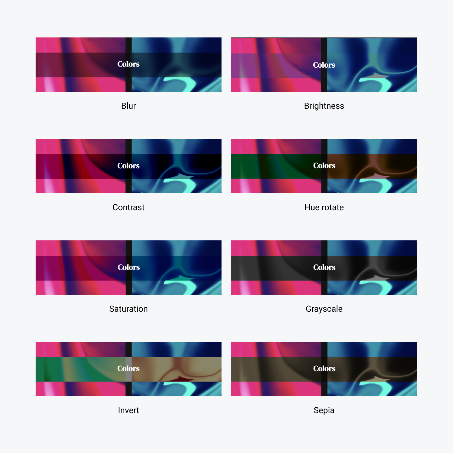 A grid of 8 Backdrop filter options shows the different behavior of each.