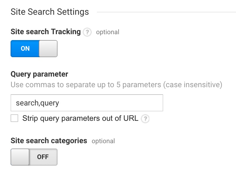 This is how your site search setup should look in Google Analytics.