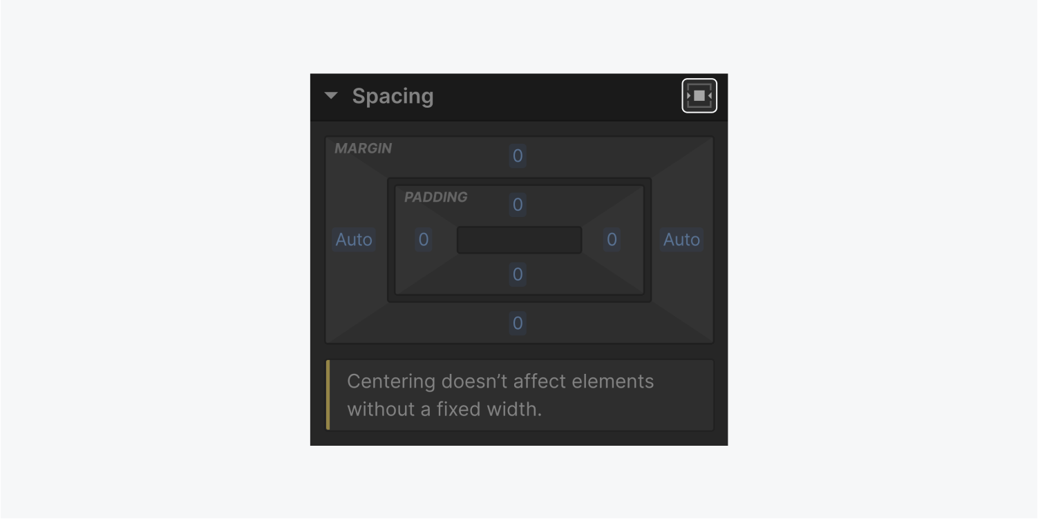 The spacing section of the styling panel is displaying the Center element horizontally button highlighted.