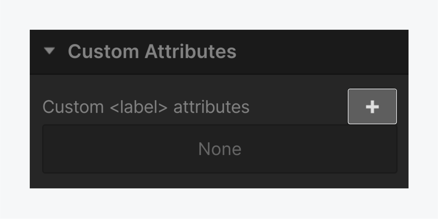 Custom attributes section of the Elements settings panel. The “plus” icon to add a new custom label attribute is highlighted.