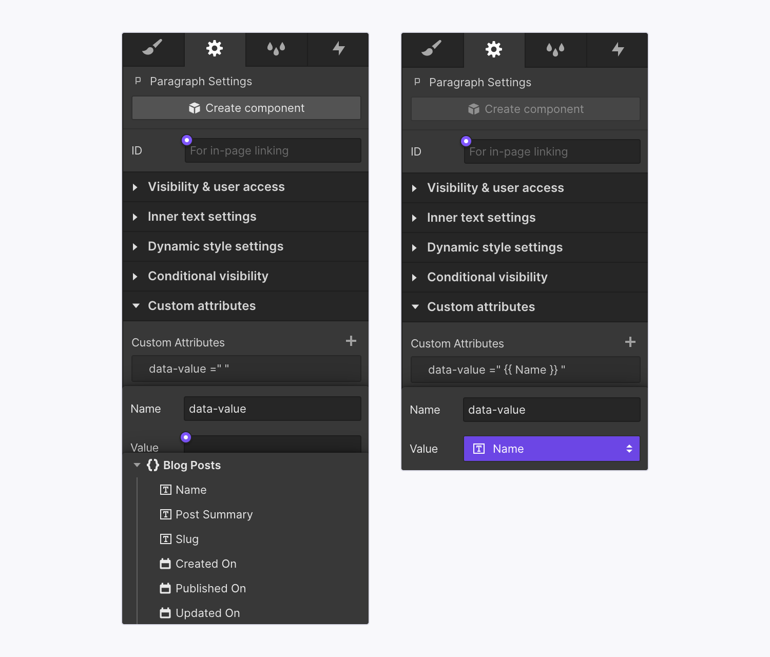 A new custom attribute is bound to a “Name” Collection field from a Collection called “Blog posts.”