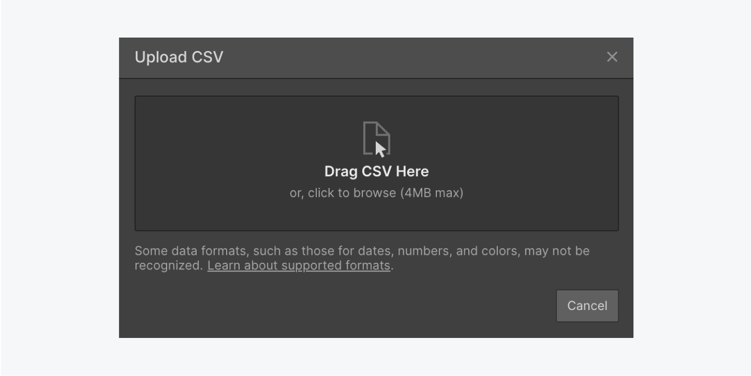 The Upload CSV modal prompts you to drag your CSV into the modal. 