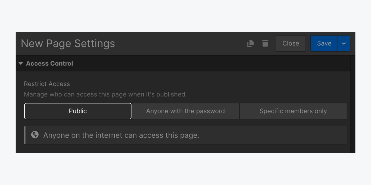 “Restrict access” is set to “Public” in the Access control section of Page settings.