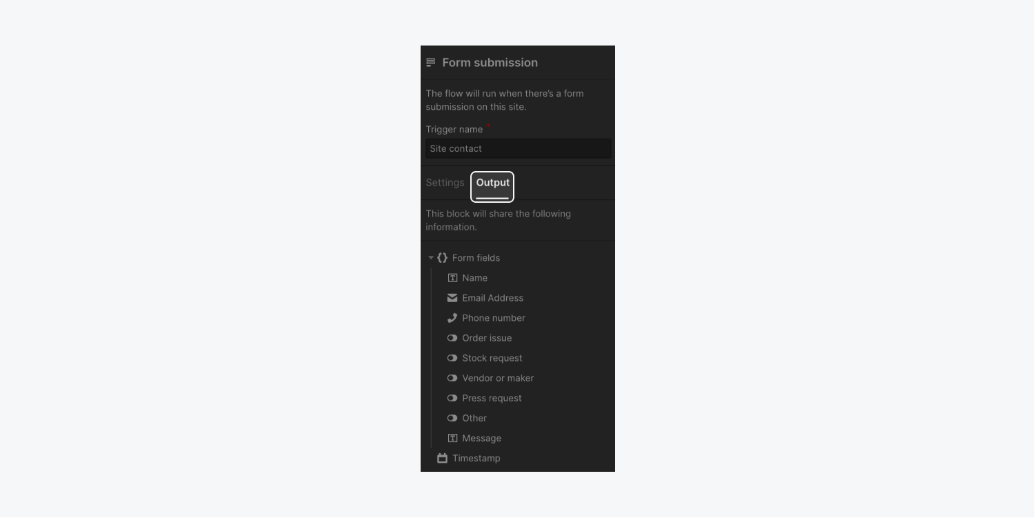 The Output tab of Trigger settings displays all of the information the trigger shares with subsequent blocks in the flow.