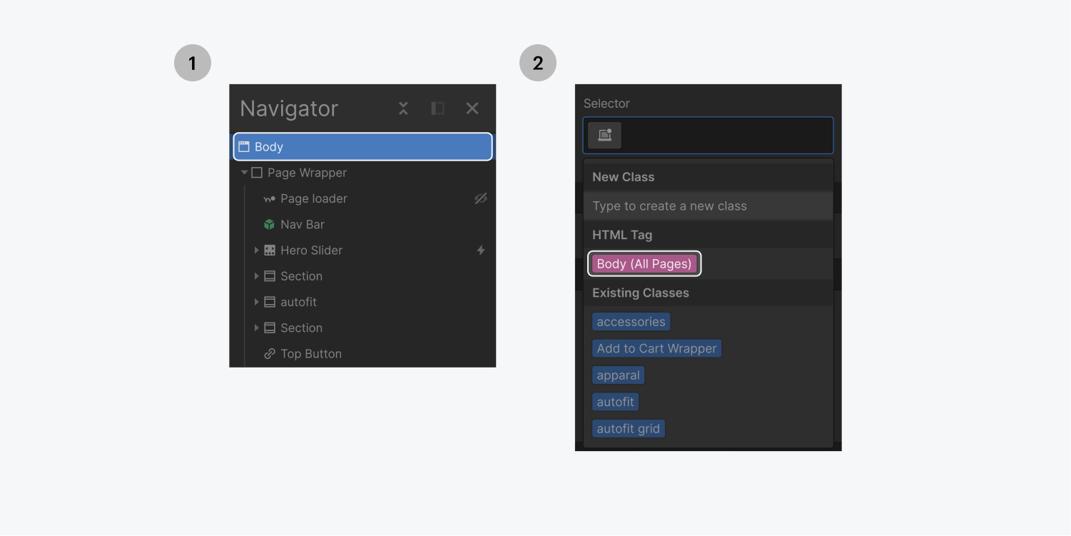 Step one on the left, select the body element from the navigator. Step two on the right, select the Body (all pages) class under the HTML tag section in the Selector field dropdown menu. These two elements are highlighted.