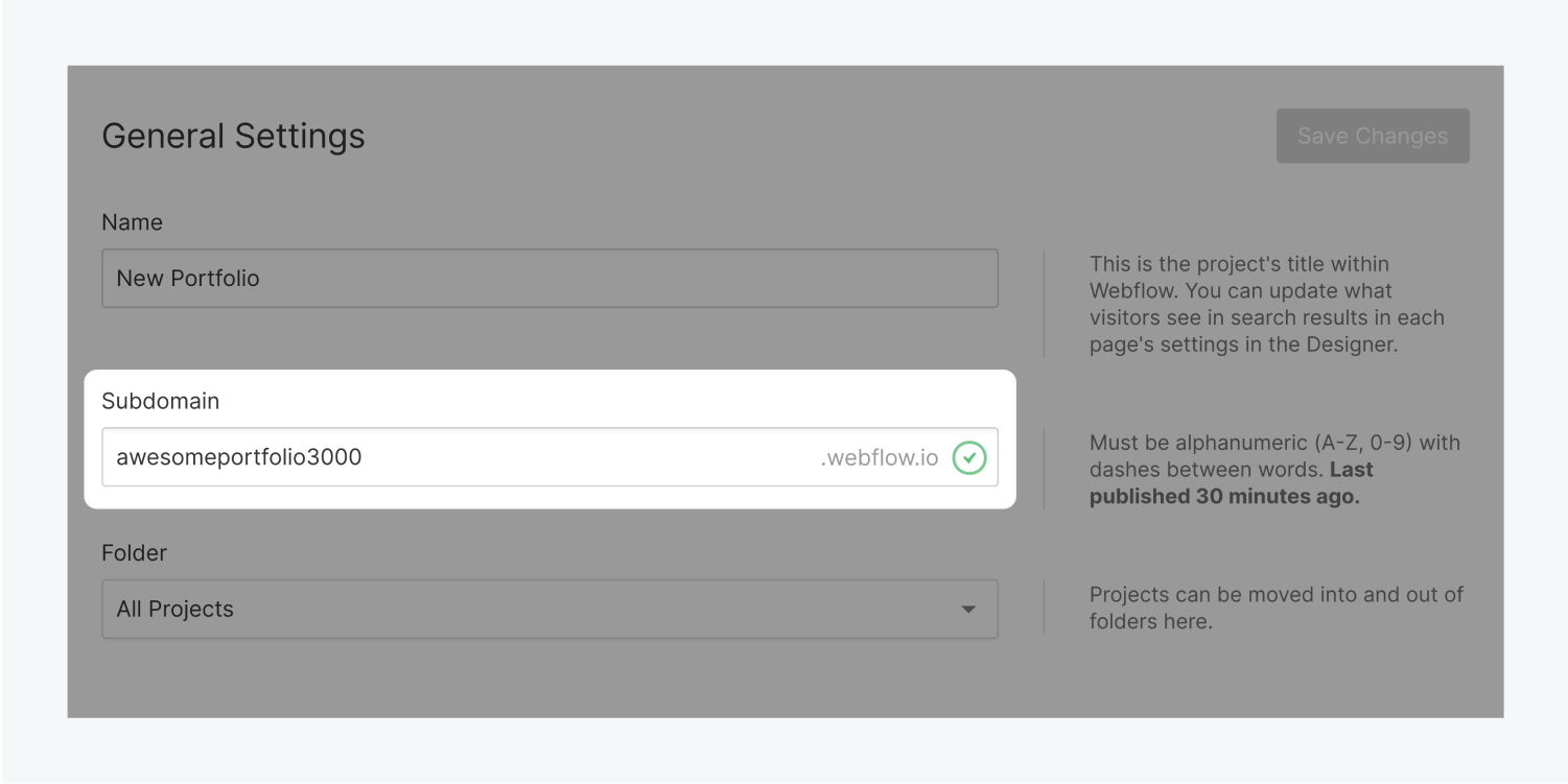 The subdomain input field is highlighted in the General settings section of the Project Settings page. The subdomain is filled out with the address awesomeportfolio3000.webflow.io