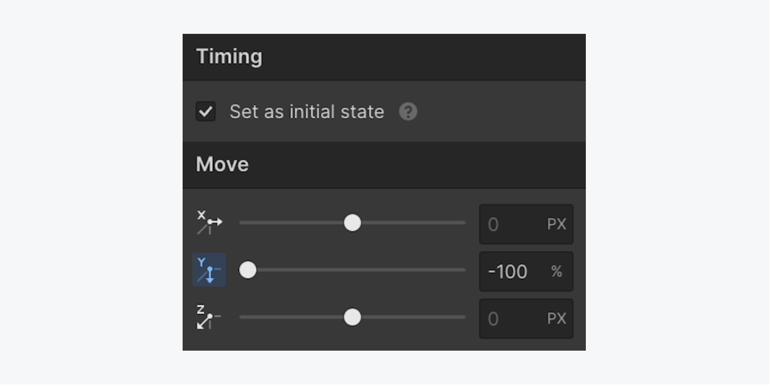 In the Move section of the Interactions panel, the “Set as initial state” box is checked and the Y-axis is  set to -100%.