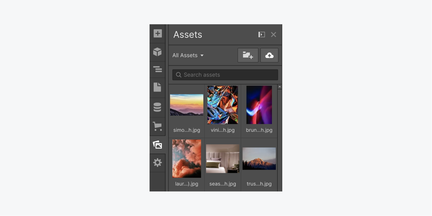 The Assets panel displays a folder dropdown menu, create new folder button, upload button, search assets bar and image thumbnail previews.