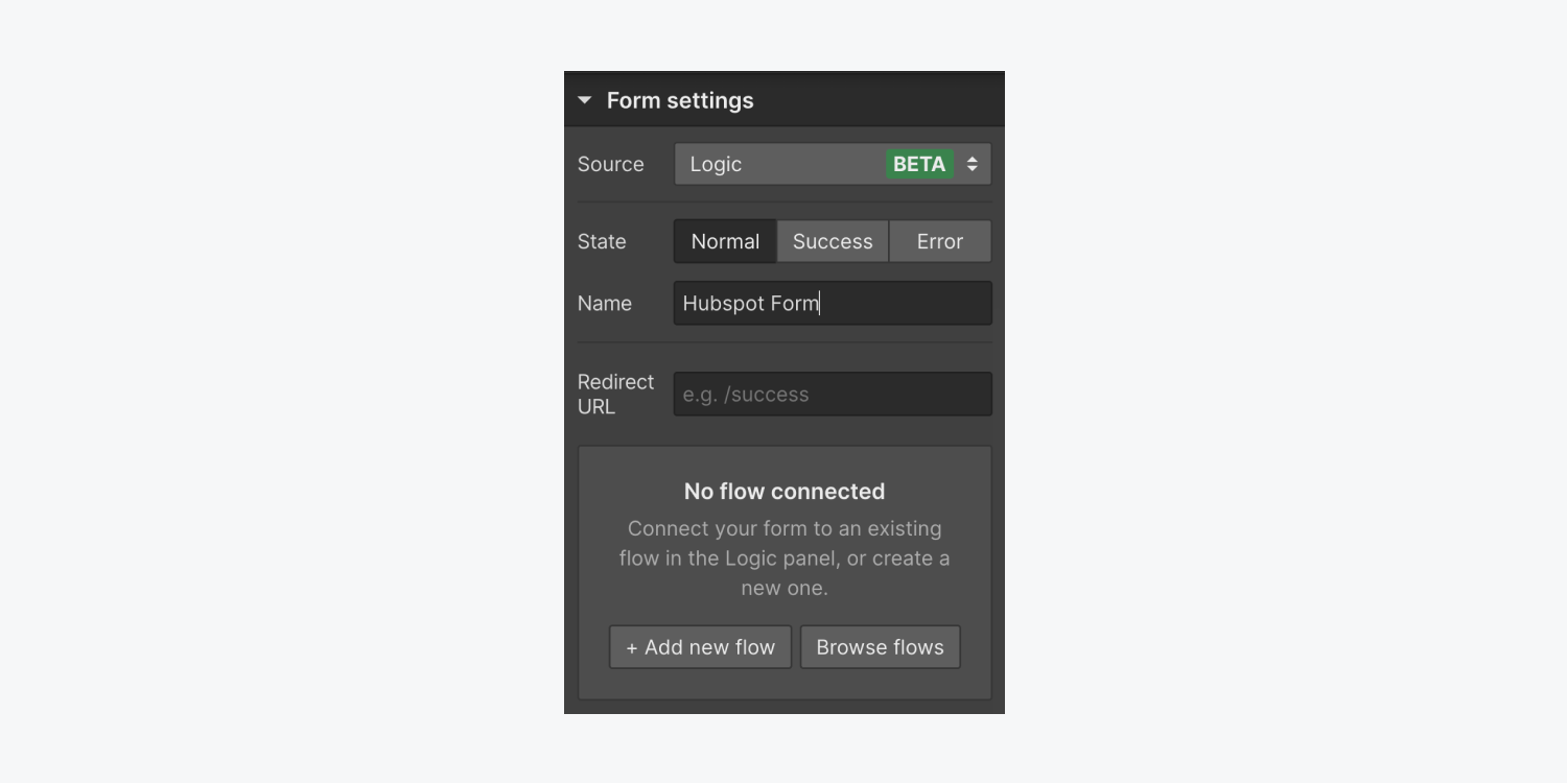 Options to Add a new flow or Browse flows appear in Form settings when Logic is selected as the source.