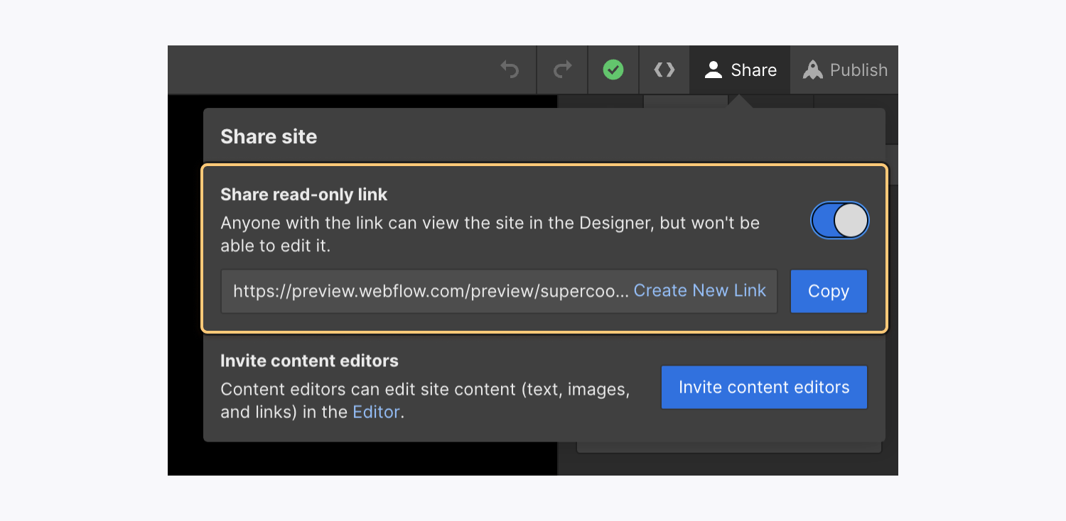 The “Share a read-only link” section is highlighted in the “Share site” modal window. Here, you can share a read-only link or create a new read-only link.