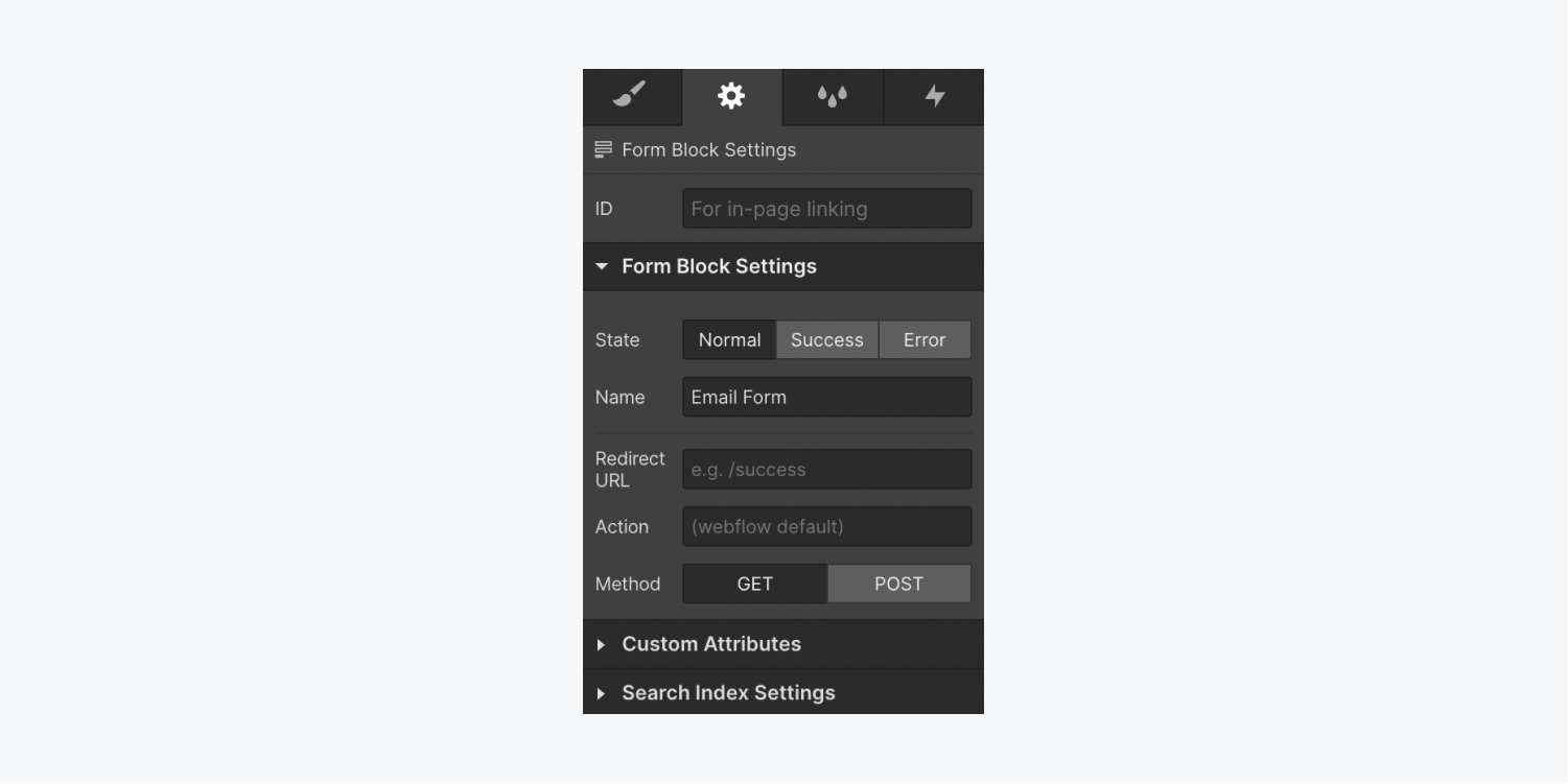 The Form block settings section in the Element settings panel.