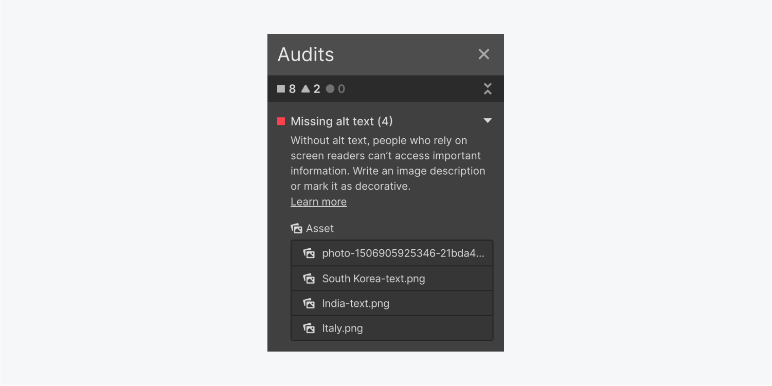 The Audit panel shows a series of image assets flagged as having missing alt text. 