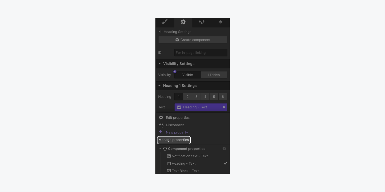 The manage properties option is highlighted in an element’s settings in the Element settings panel.