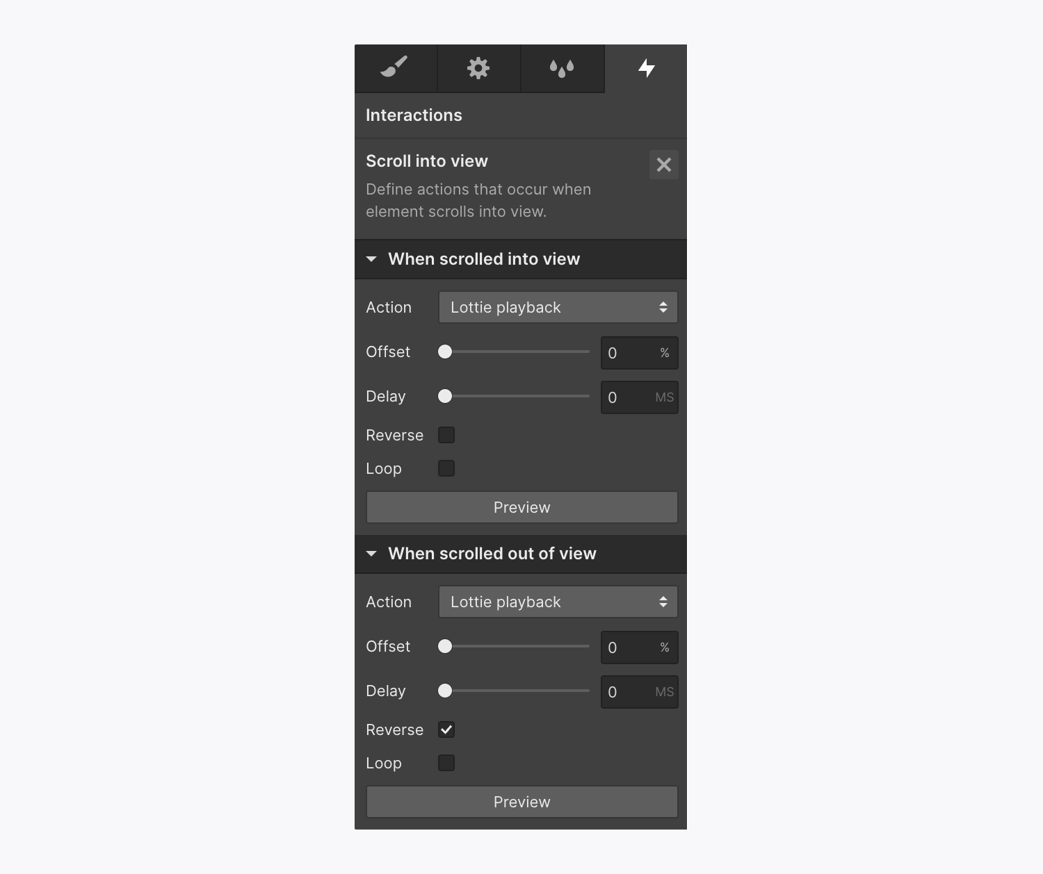 The “Scroll into view” trigger, “When scrolled into view” section, and “When scrolled out of view” section are displayed in the Interactions panel.