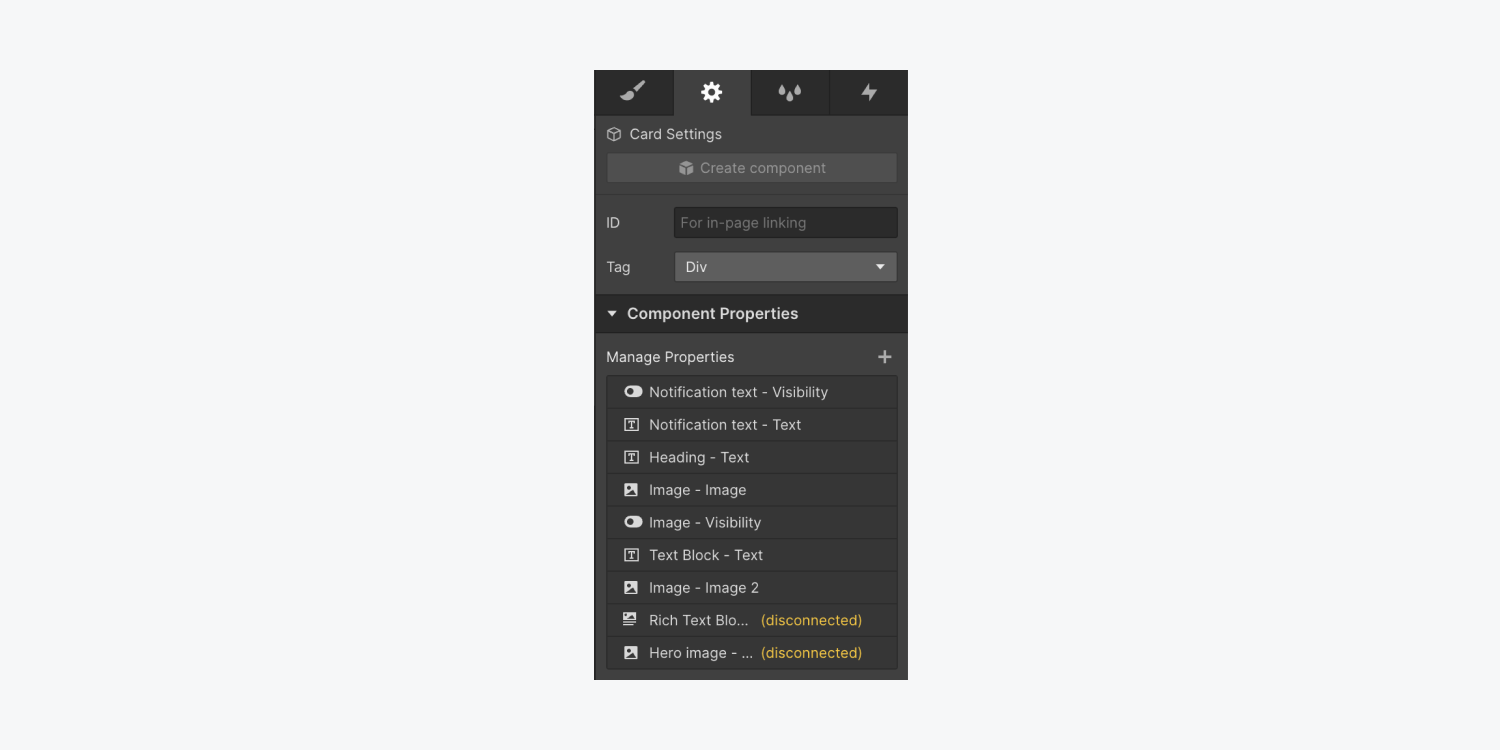 A list of properties is shown under the Manage properties section of component properties in the Element settings panel. 