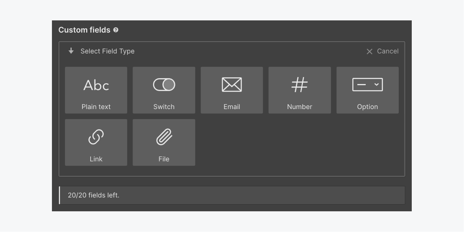 There are 7 custom field types in the Add field section: “Plain text,” “Switch,” “Email,” “Number,” “Option,” “Link,” and “File.”