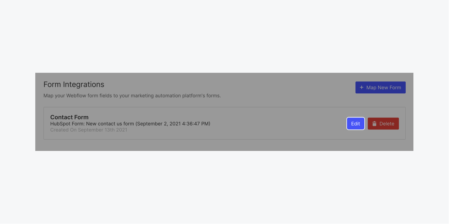 Webflow’s “Edit” button is highlighted next to a HubSpot form integration in the Form Integrations section of a project’s Forms tab. 