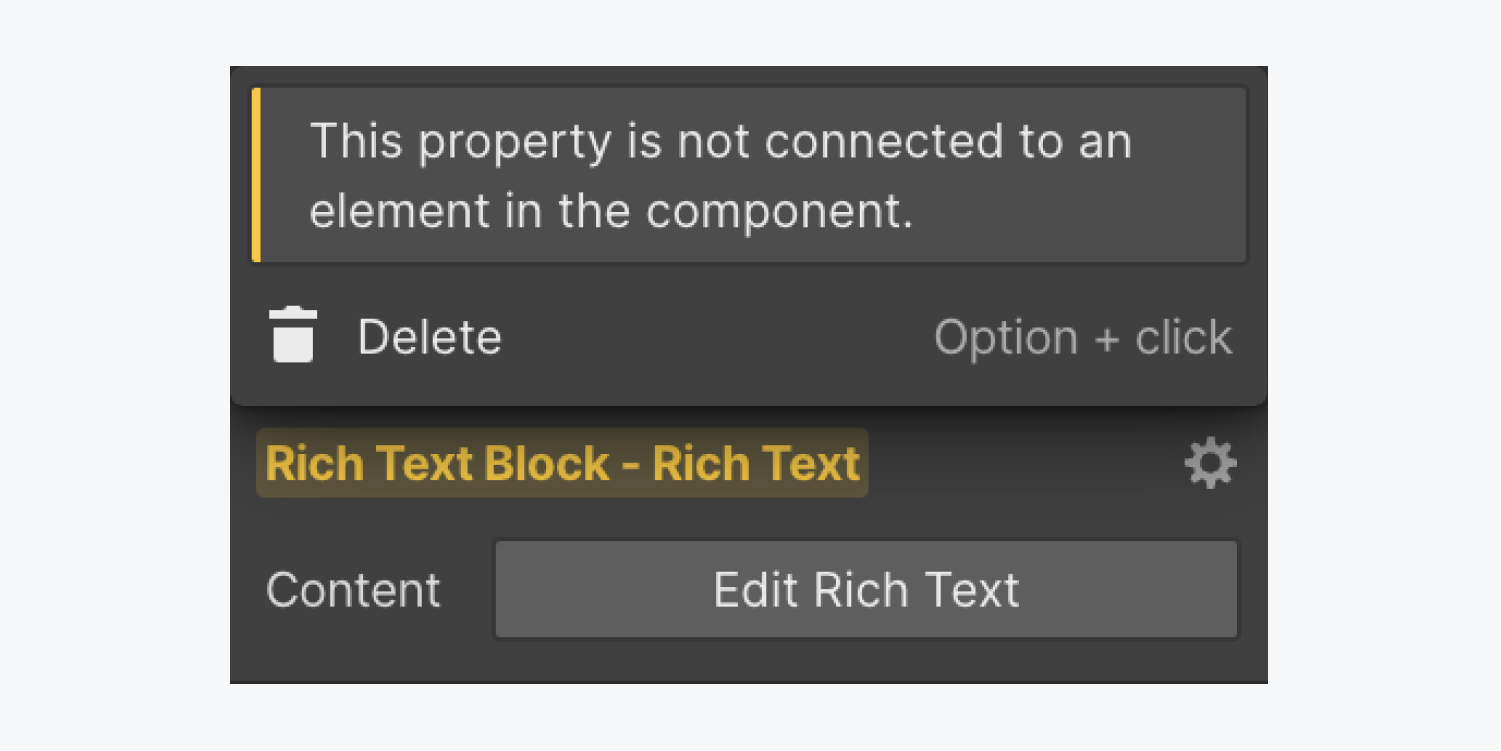 The “delete” option is shown in the Element settings panel after clicking a disconnected property in a component instance.