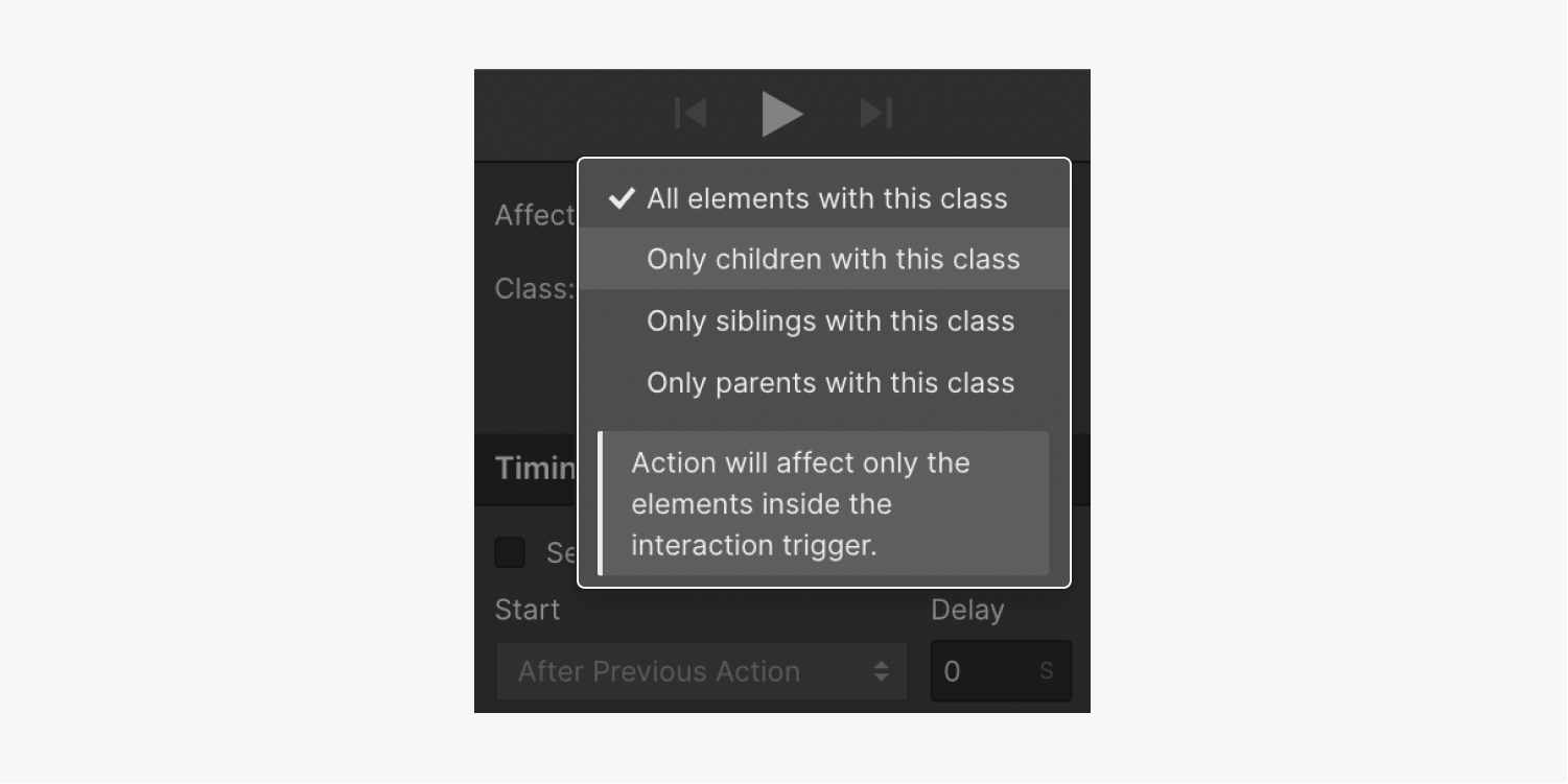 The “Only children with this class” option is highlighted in the Affect menu.