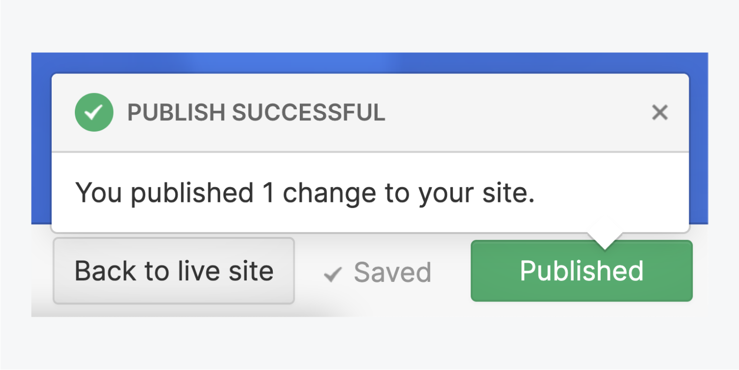 The green Published button has been clicked and a notice has appeared saying Publish successful and “You published 1 change to your site.” There is a check mark indicating the changes have been saved next to the Back to live site button.