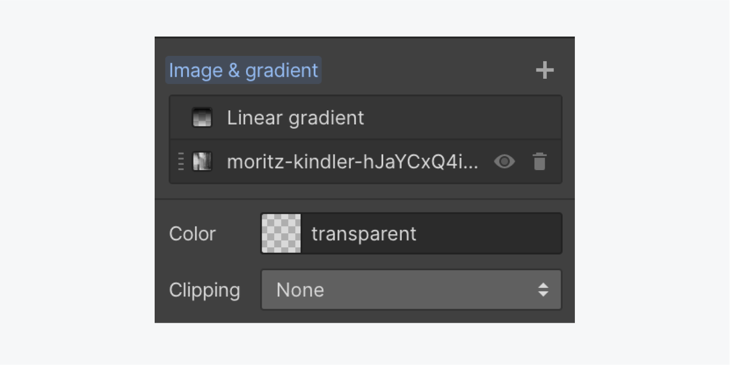 A linear gradient and image within “Image & gradient” in the Backgrounds section of the Style panel. The “delete” trash can icon appears next to the image layer.