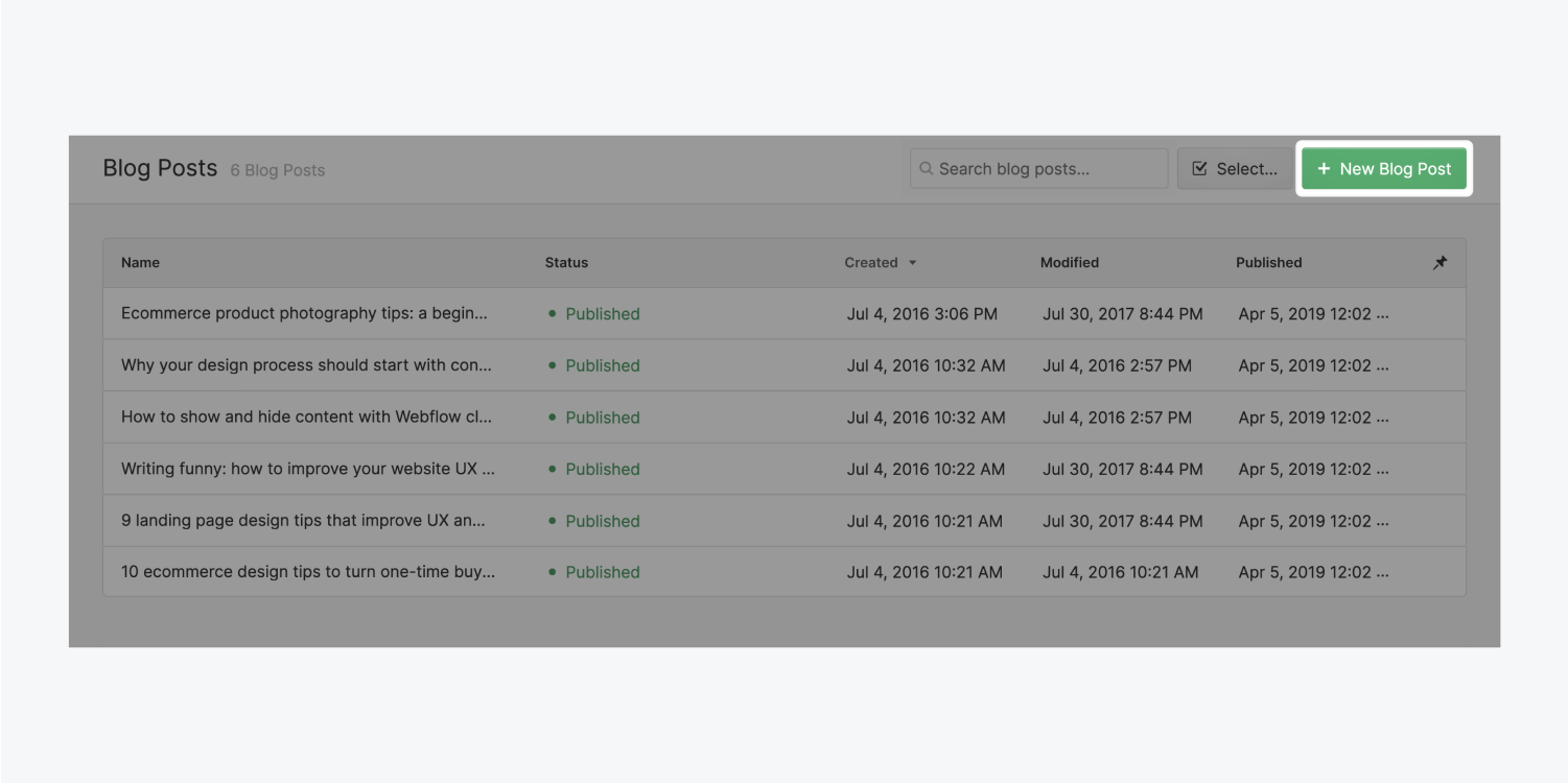 A green “new blog post” button is highlighted on the top right corner of the collection page called Blog posts. There are six pages already created and published on this page.