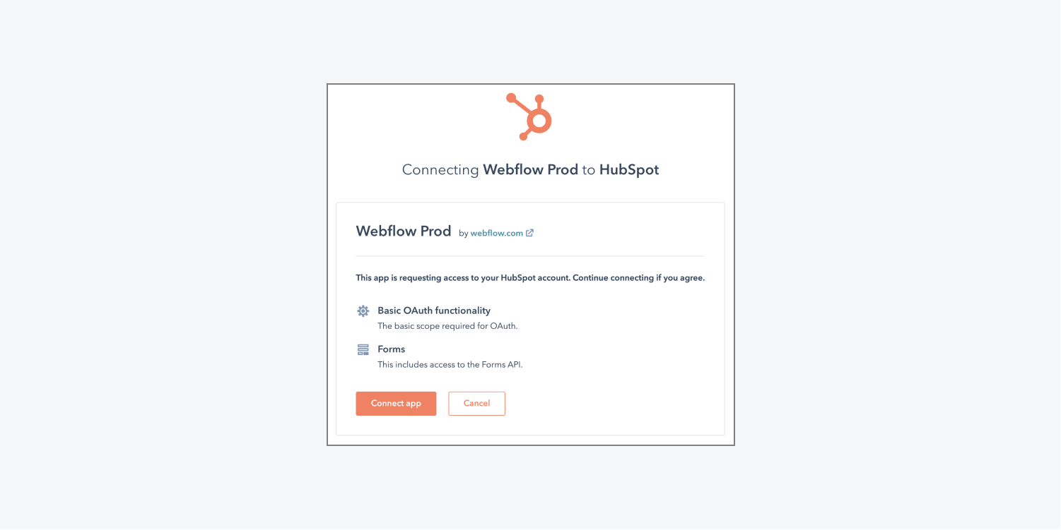 HubSpot’s interface to allow access to Webflow is shown. 