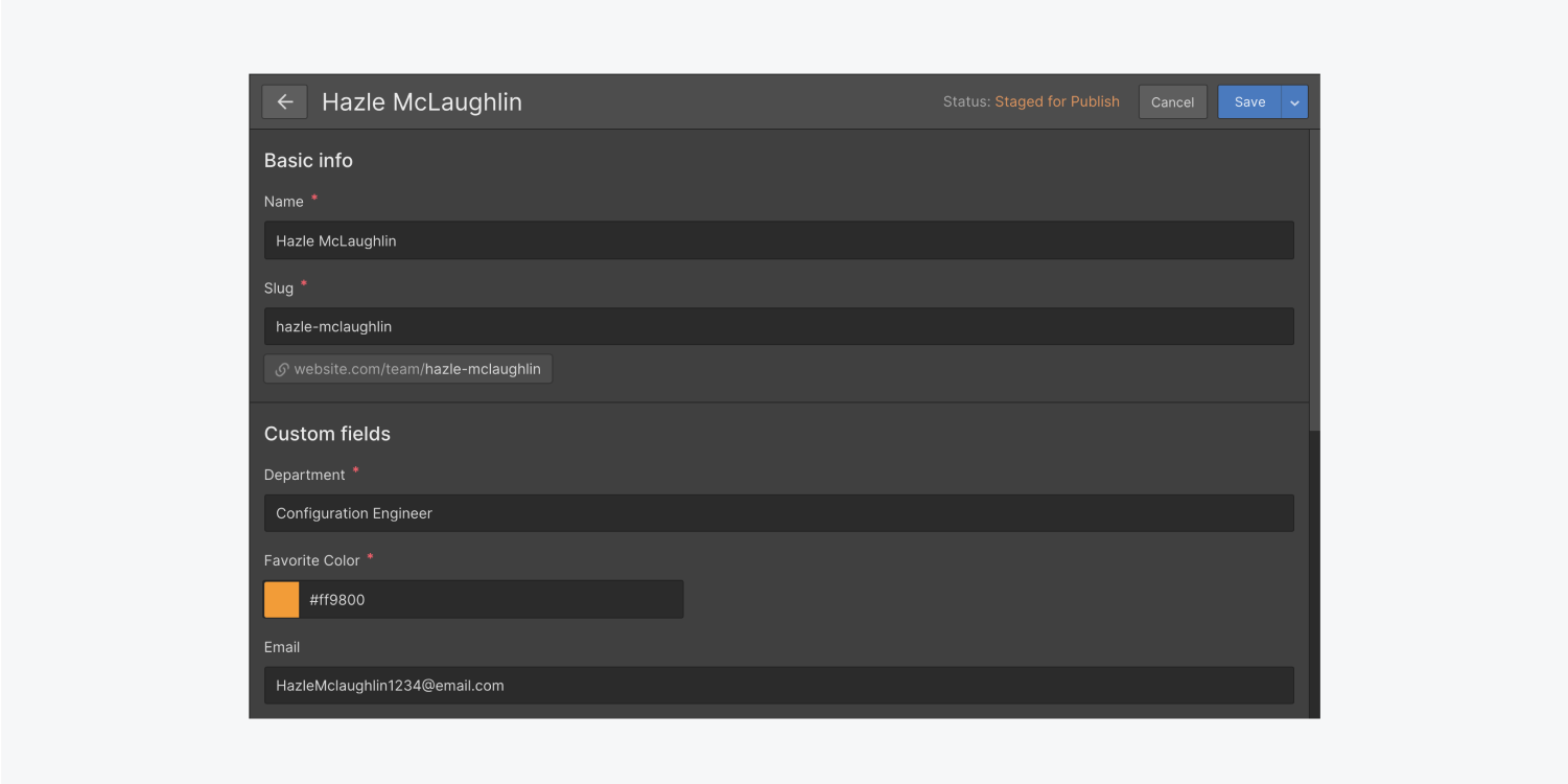 A team member named Hazle Mclaughlin is selected from the CMS collection. The team members settings panel displays a basic info section including fields for their name and slug. Also included is a custom fields section displaying fields for department, favorite color and email to be filled out.