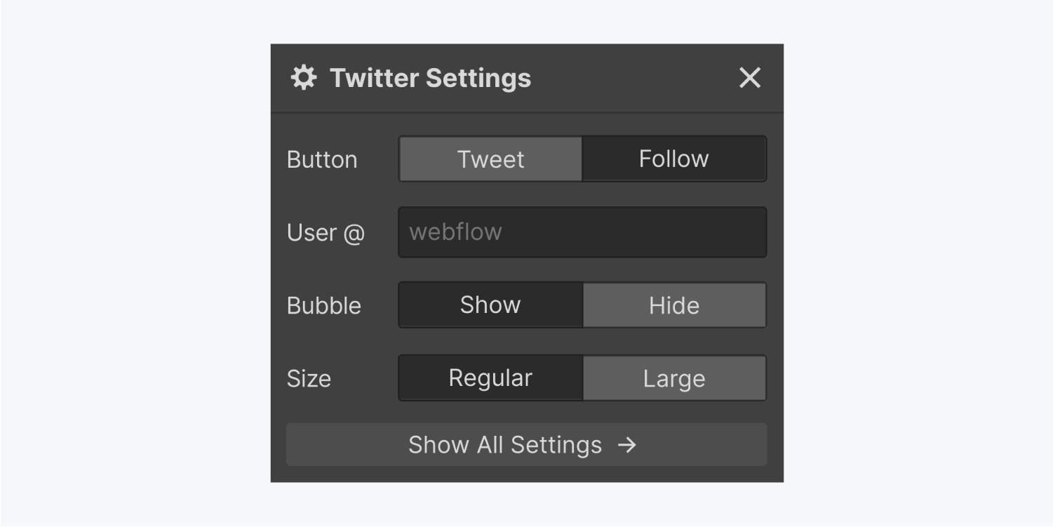 The Twitter settings panel for a follow button displays a text input field for the User @ handle, two tabs for both Bubble, size and a how all settings button.