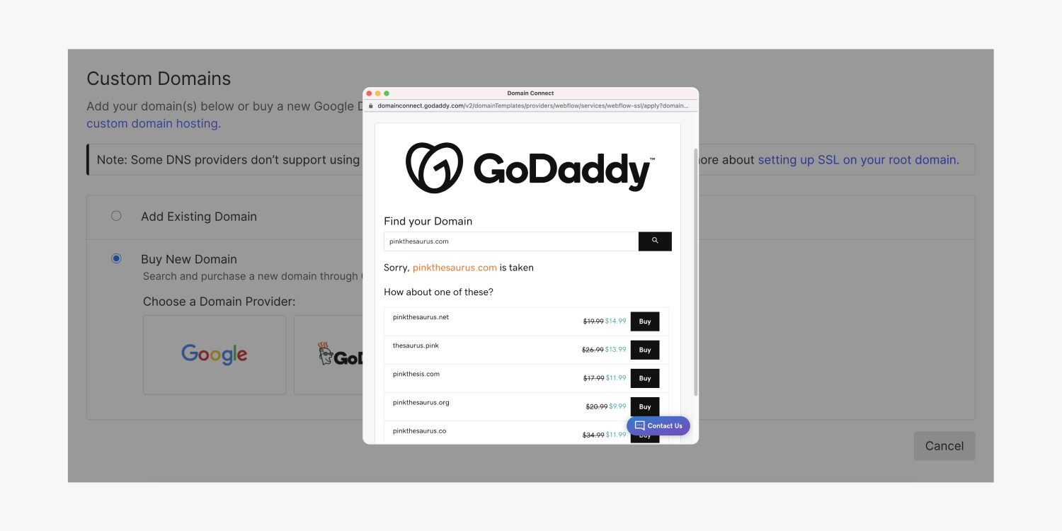 The GoDaddy “find your domain” pop-up allows you to search for and purchase a domain name.