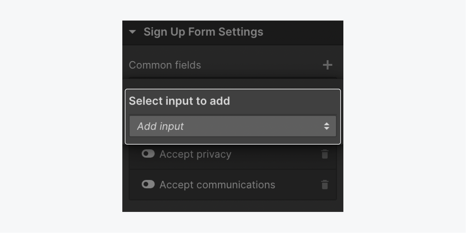 The Common fields “Add input” dropdown.