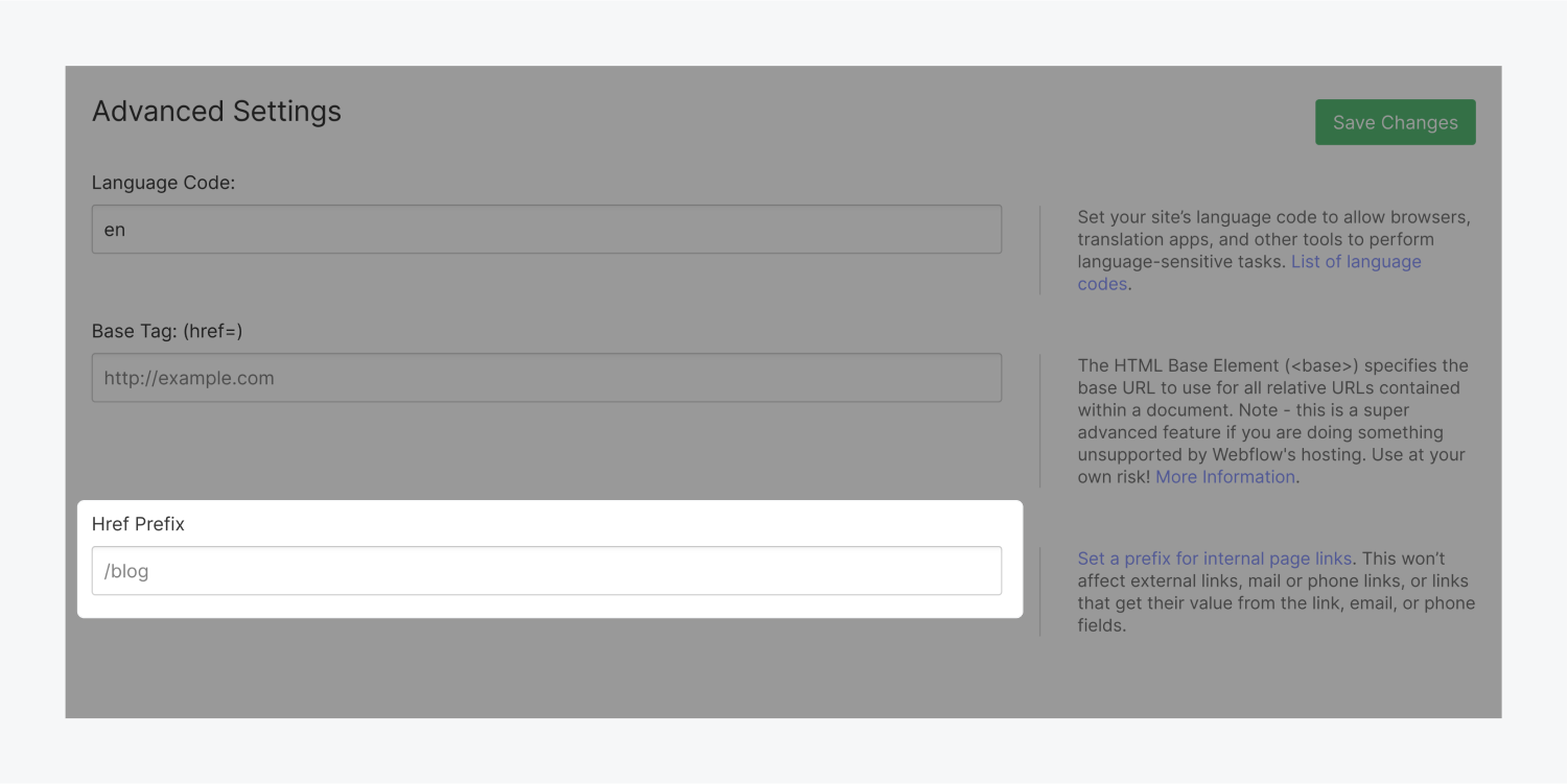 In the Advanced settings of the custom code tab, the Href Prefix input field section is highlighted. There are also text input fields for Language Code and Base Tag: (href=).