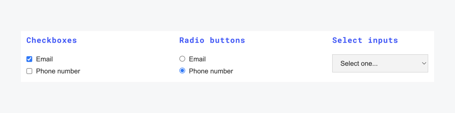 Examples for Checkboxes, Radio buttons and Select inputs are laid out in three columns. There are two options for each, email and phone number. The select input is showing the dropdown menu collapsed with text "select one..."