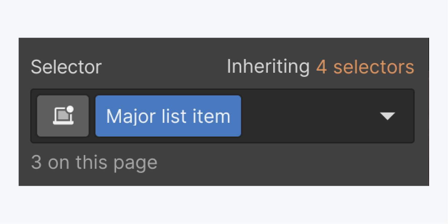 A "Major list item" class is added to a list item and displayed in the Selector field.