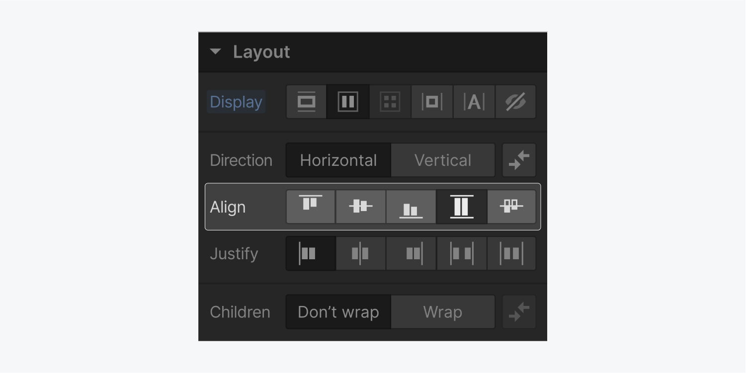 The Align settings for the flexbox display layout is set to stretch. The five align settings are start, center, end, stretch and baseline.