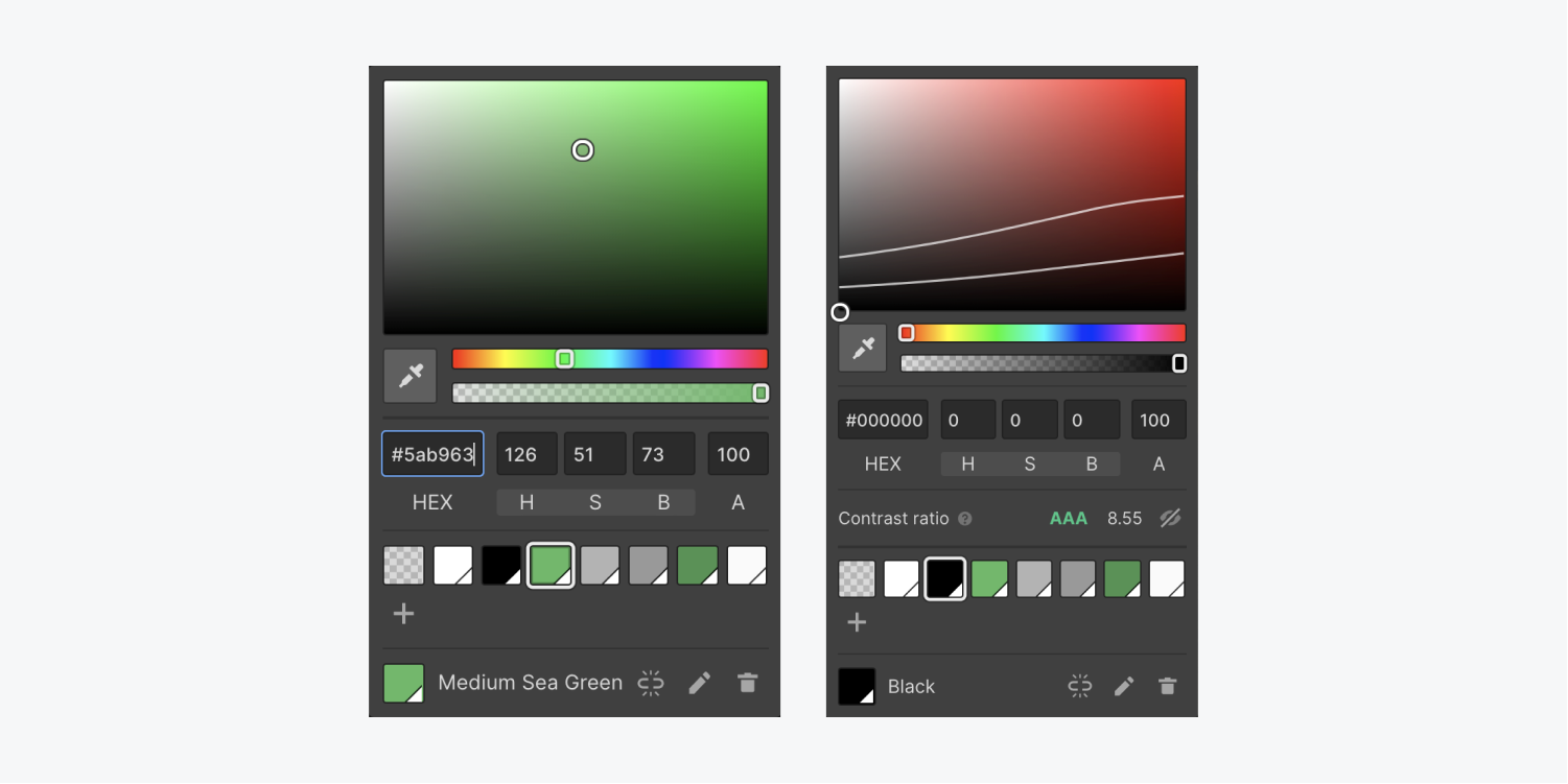 Left: the color picker as it appears when adjusting color for a non-typography element. Right: the color picker as it appears when adjusting color for typography elements, which includes the Contrast ratio checker. You can choose your colors with HEX codes, color plane and sliders, an eyedropper, and set swatches to use throughout your project. 