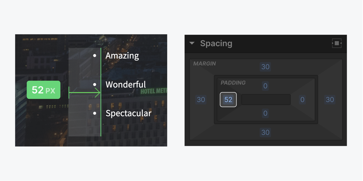 In the left picture, 52 pixels of left padding are added to three list items on the canvas. In the right picture, 52 pixels of left padding are shown in the Spacing section of the Style panel.