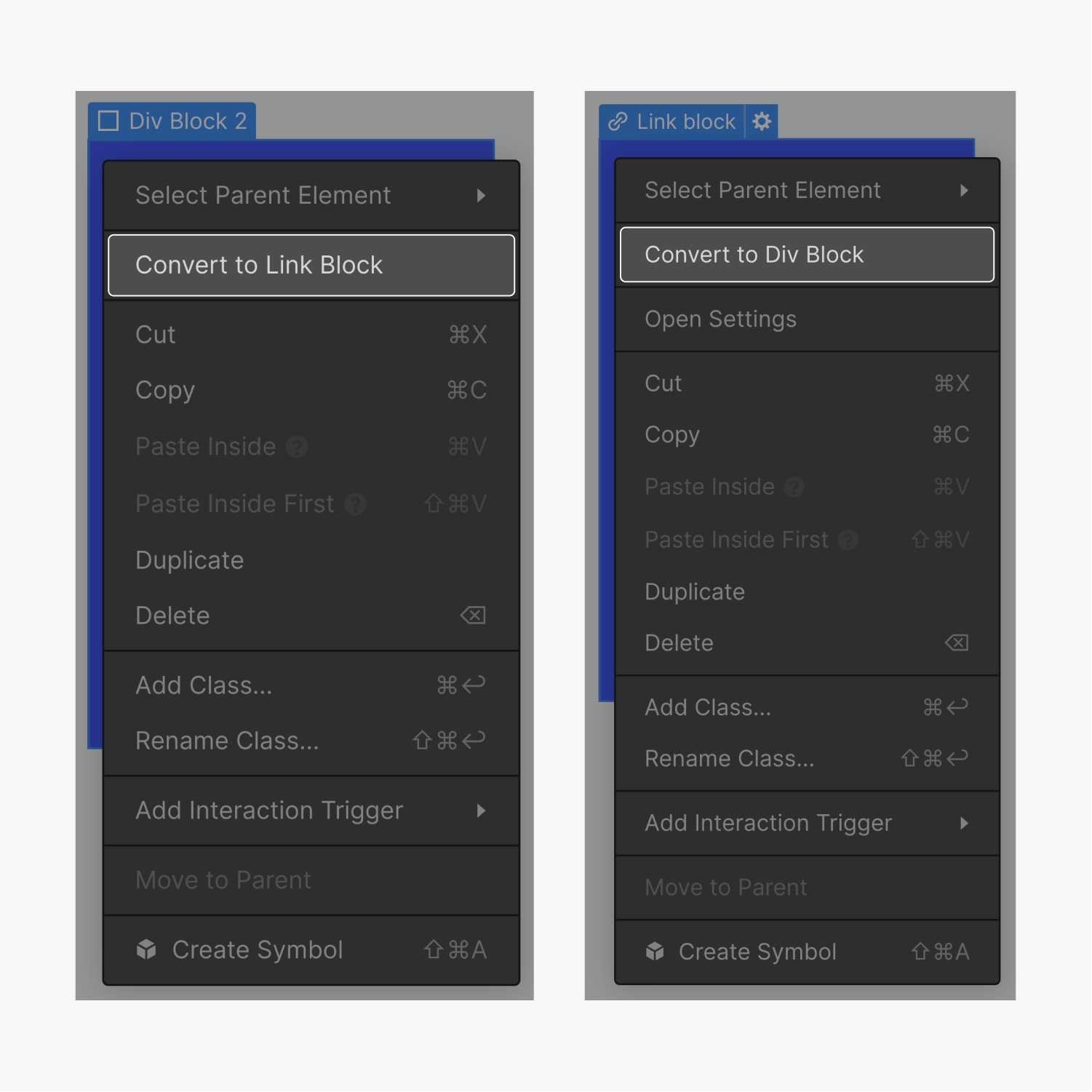 On the left the Convert to Link block button is highlighted in the Div block settings panel. On the right, the Convert to Div block is highlighted in the Link block settings panel.