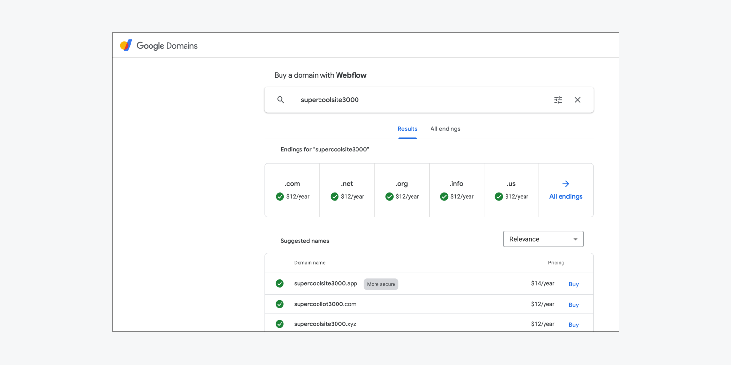 Google’s “buy domain” page allows you to search for and purchase available domains. 