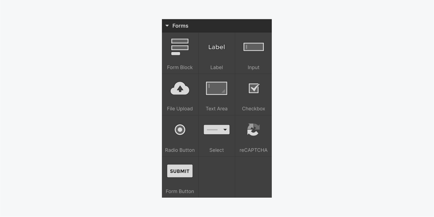 Form element section within the Add panel, which contains all available form elements.