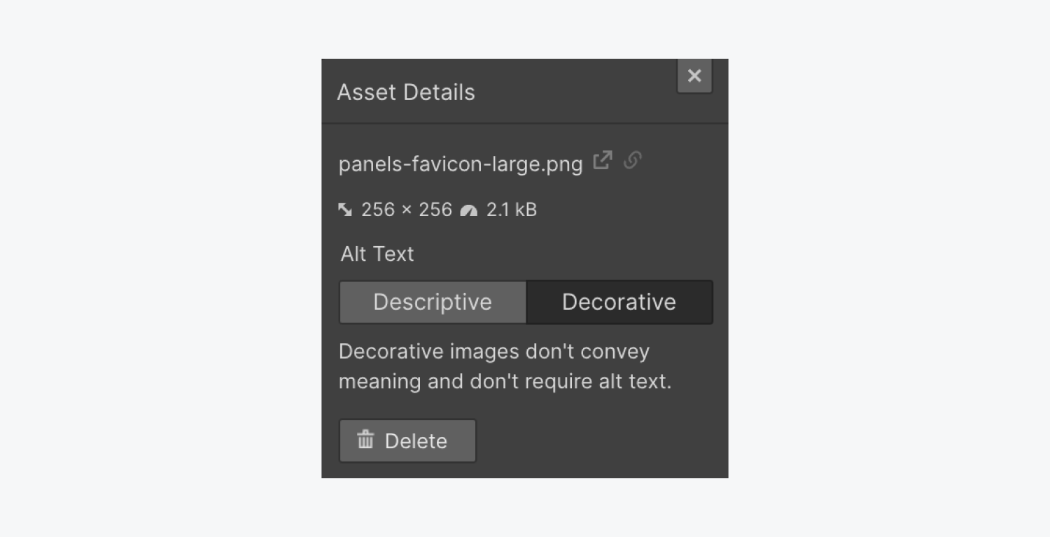 The Asset details modal allows you to choose from adding descriptive alt text, or setting the asset as “decorative,” which doesn’t require alt text.