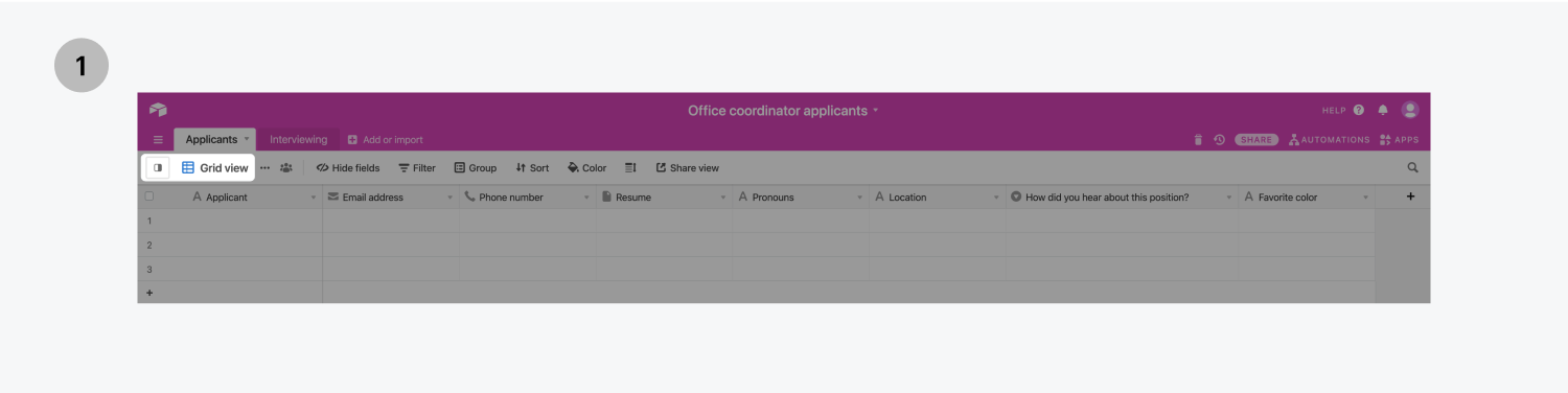 Step 1 shows the grid view button is highlighted in the Airtable spreadsheet.