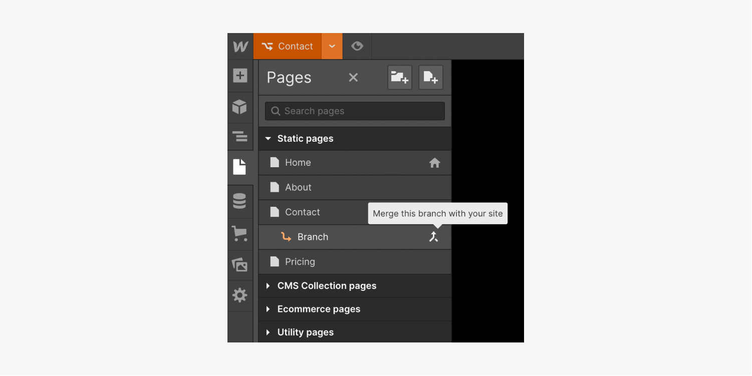 The “Merge this branch with your site” icon in the Pages panel.