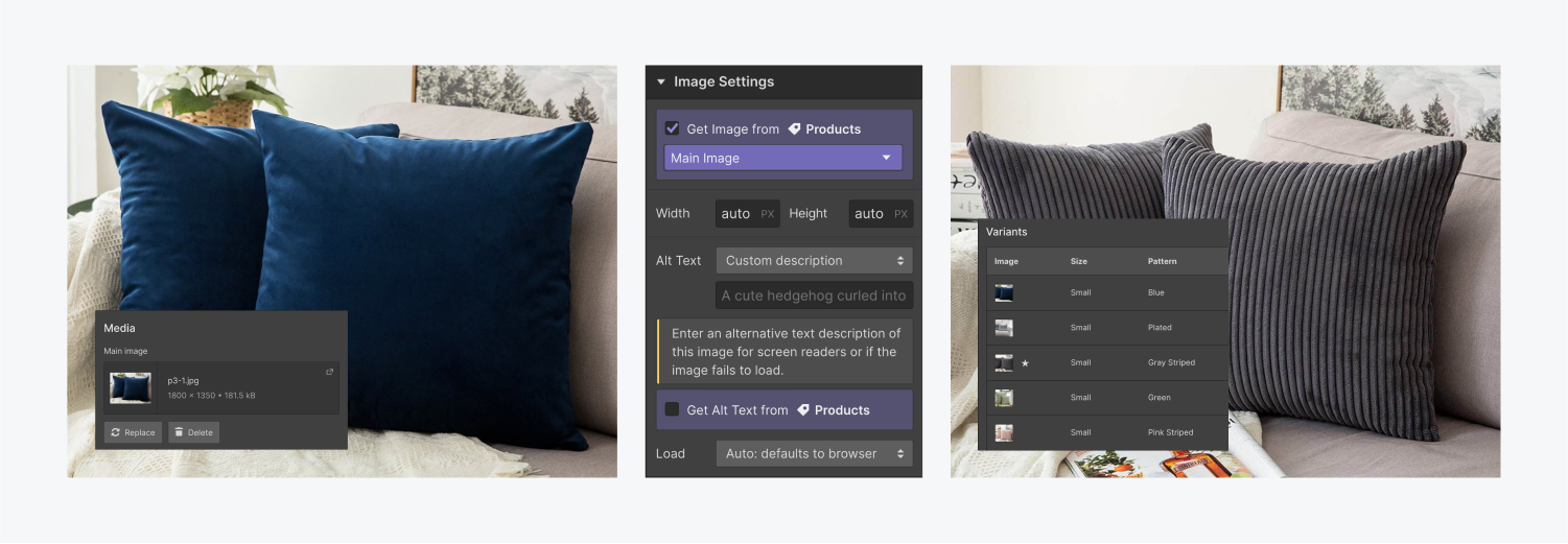 On the left, a product image of blue pillow cases is connected to the "Main Image" field of the "products" collection in the middle. On the right, a product image of gray ribbed pillow cases is displaying the "variant image" of the default variant because this product has multiple variants.