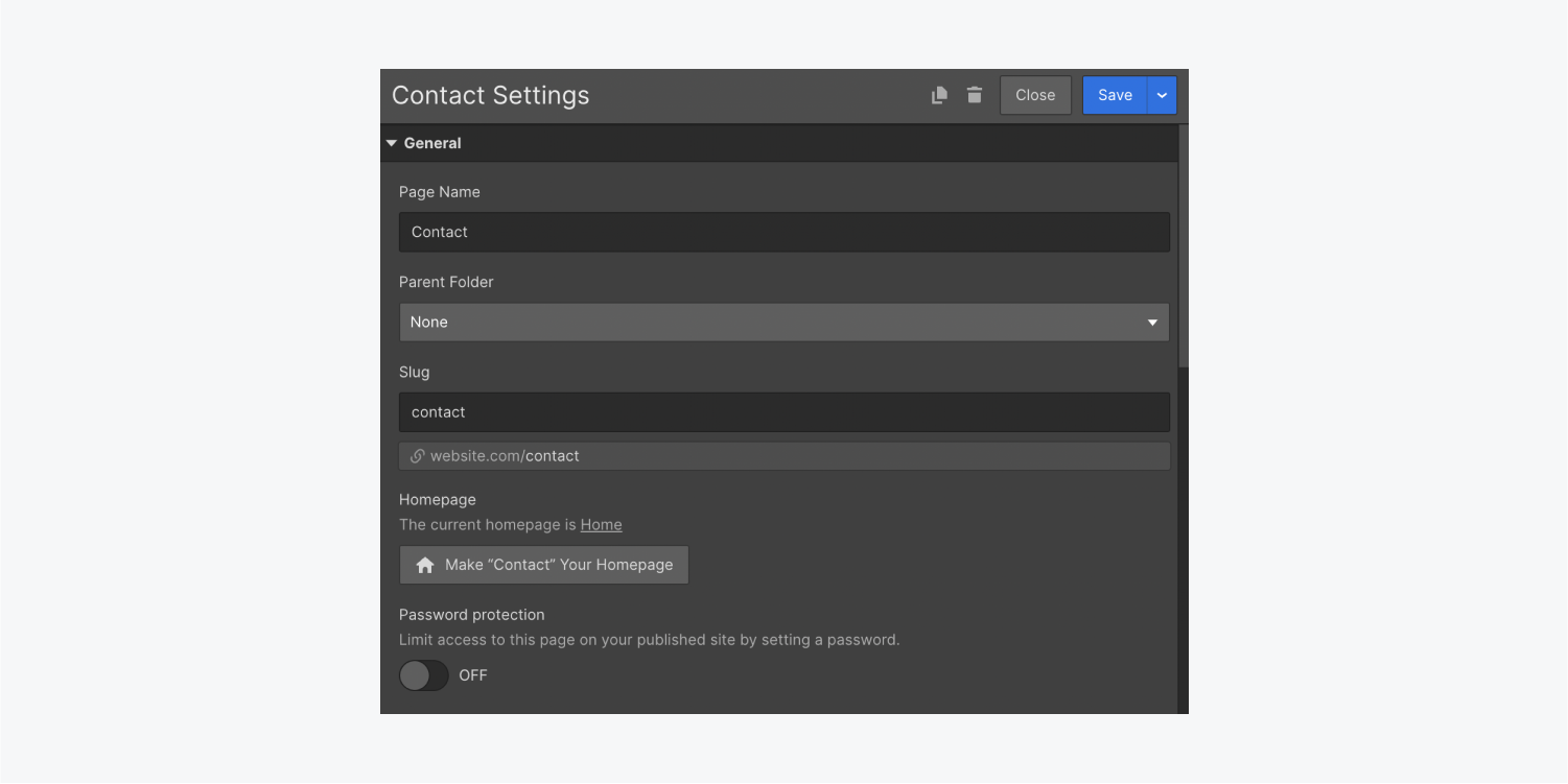 Page settings for an example page named “Contact.”