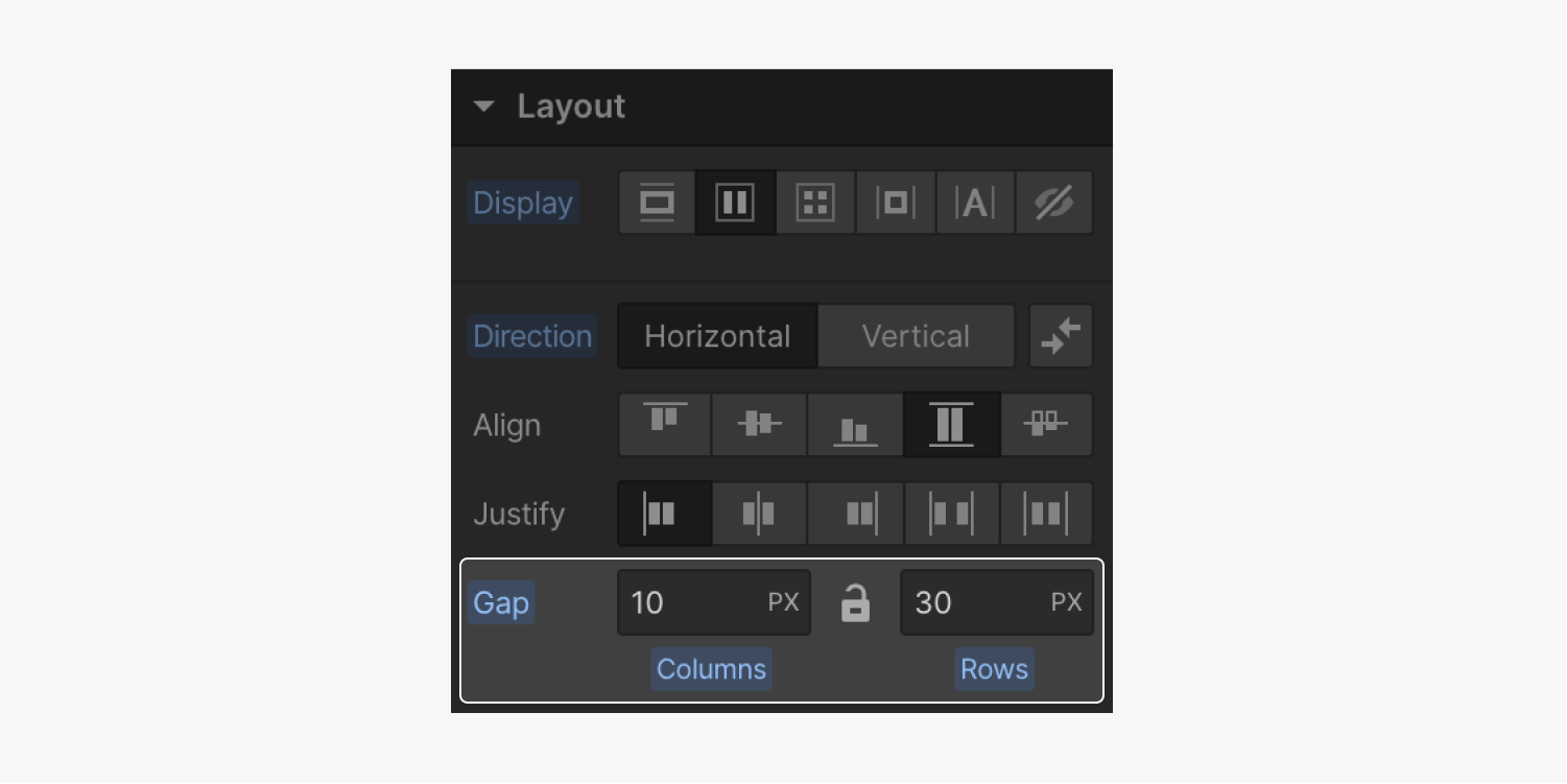  The flexbox gap spacing option between columns and rows is highlighted in the Layout section of the Style panel and shown with independent adjustments of 10 pixels for columns and 30 pixels for rows.