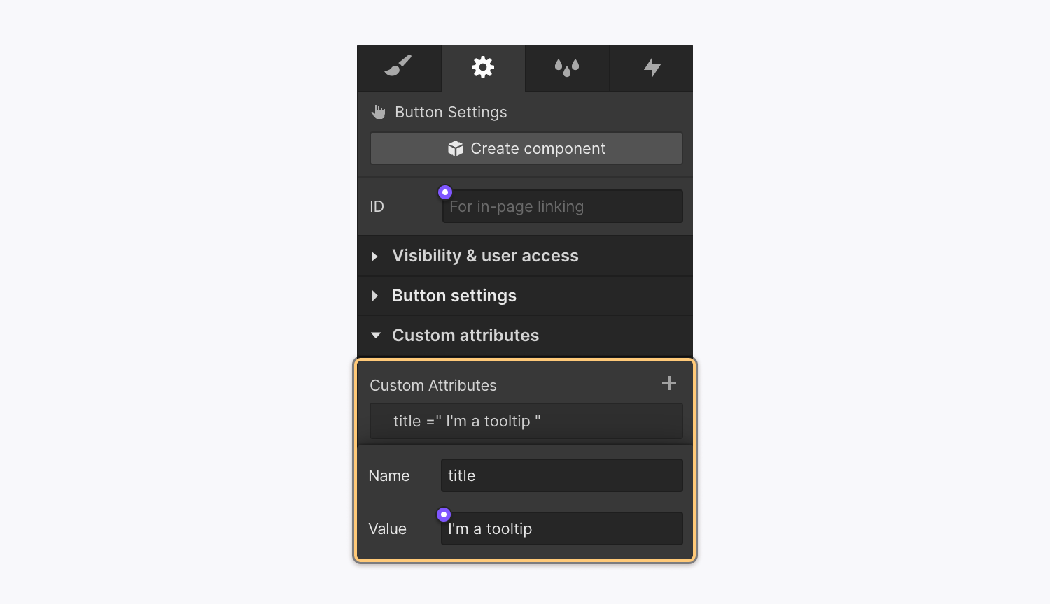 A new custom attribute being created in the Custom attributes section of the Element settings panel. Its name is “title” and its value is “I’m a tooltip.”