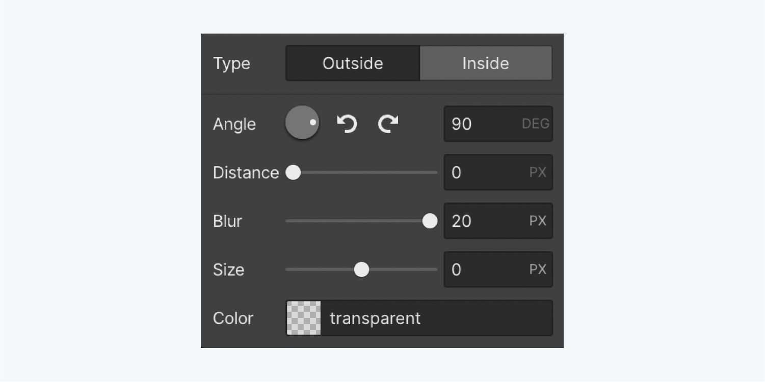 Example Angle and Blur values are set in the Box shadows section of the Effects section.