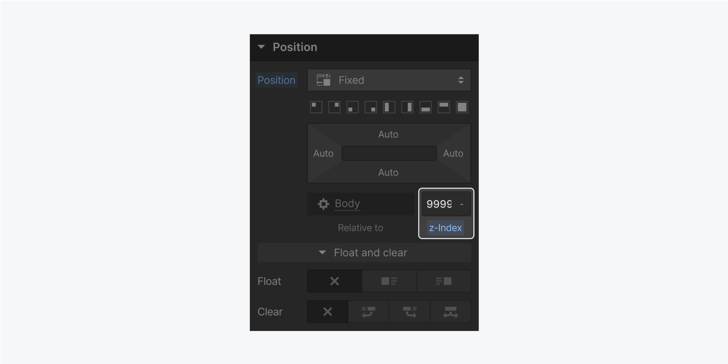 The z-Index input field with 9999 entered is highlighted in the position section of the style panel.