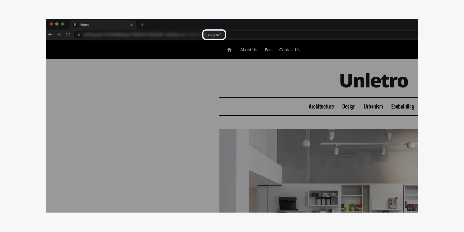 The _page=2 text of the URL is highlighted on a chrome window of the homepage of a architectural website called Unletro